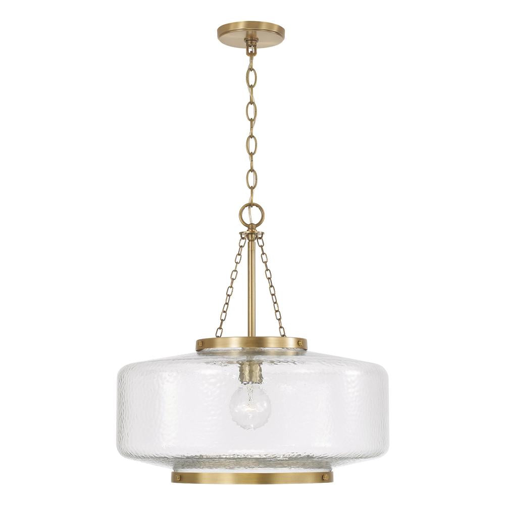 1-Light Cloche Pendant in Aged Brass with Organic Hammered Glass