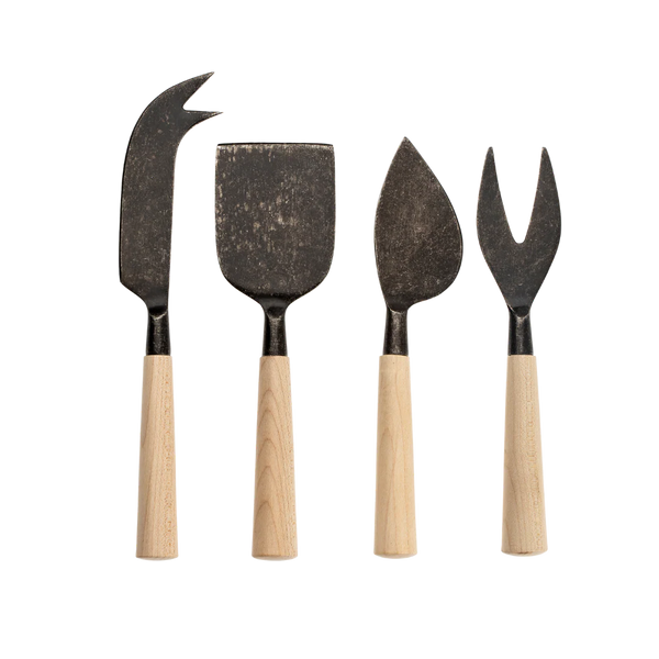 Maple Wood Cheese Knives S/4, Tumbled Black