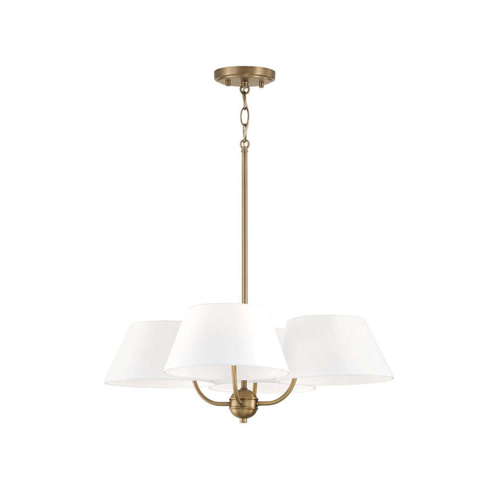 4-Light Low-Profile Chandelier Semi-Flush in Aged Brass with White Fabric Shades