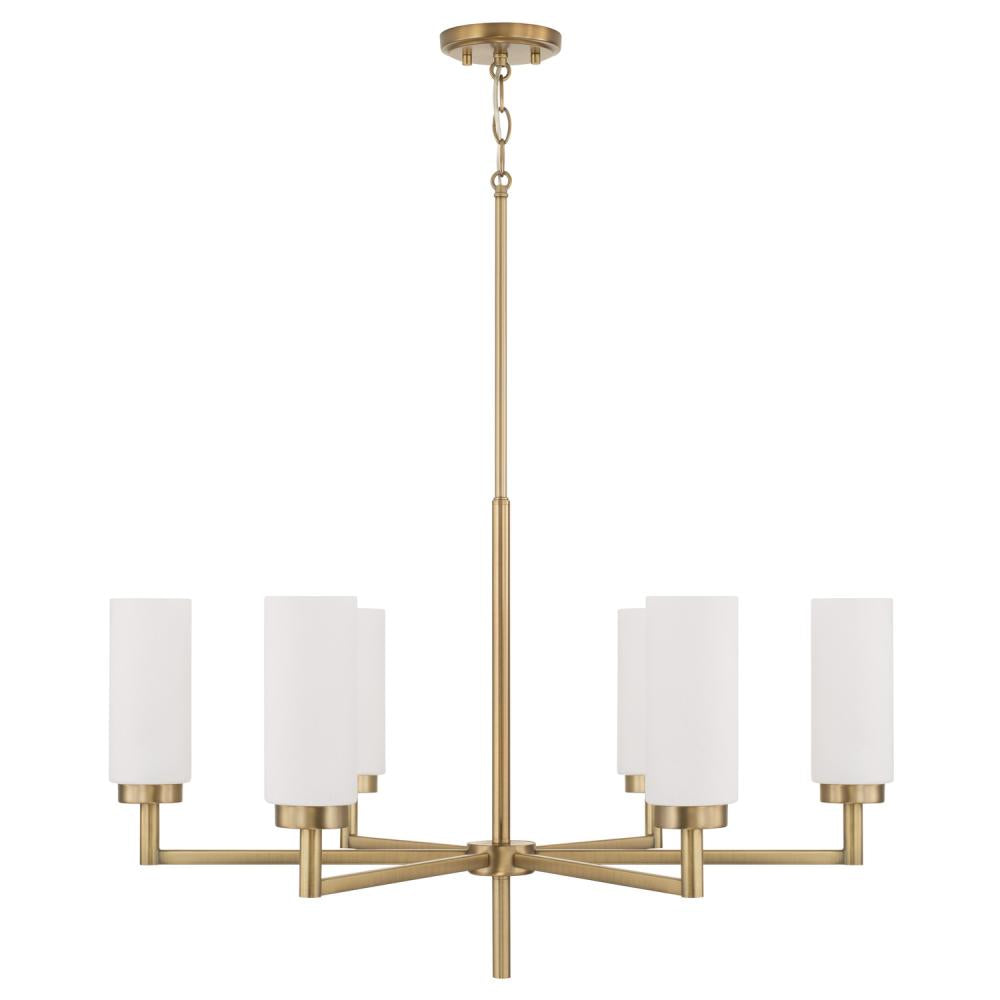 6-Light Cylindrical Chandelier in Aged Brass with Faux Alabaster Glass