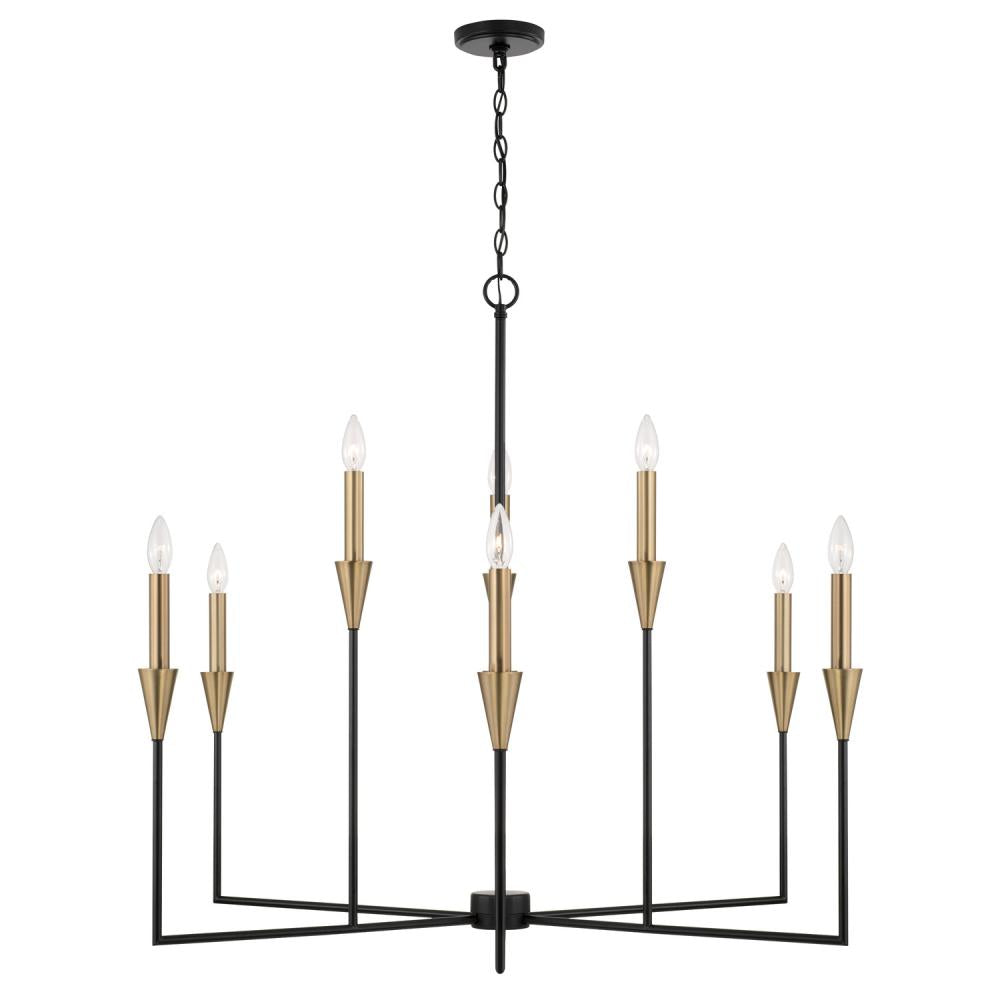 8-Light Chandelier in Black and Aged Brass with Interchangeable White or Aged Brass Candle Sleeves