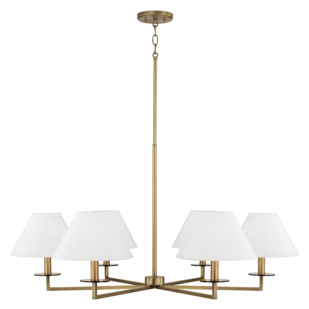 6-Light Chandelier in Aged Brass with White Fabric Stay-Straight Shades