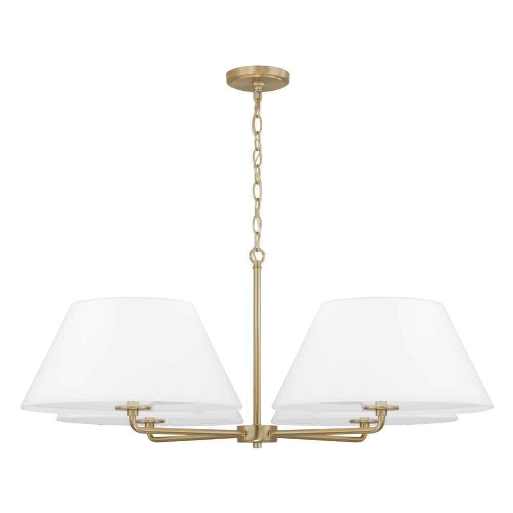 4-Light Chandelier in Matte Brass with White Fabric Shades and Glass Diffusers