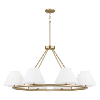 8-Light Circular Chandelier in Matte Brass with White Fabric Shades and Glass Diffusers