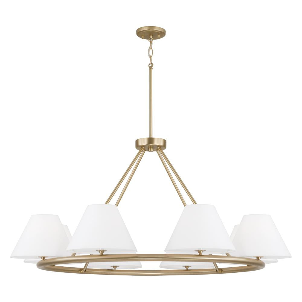 8-Light Circular Chandelier in Matte Brass with White Fabric Shades and Glass Diffusers