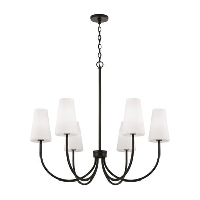 6-Light Transitional Chandelier in Matte Black with Tapered Soft White Glass