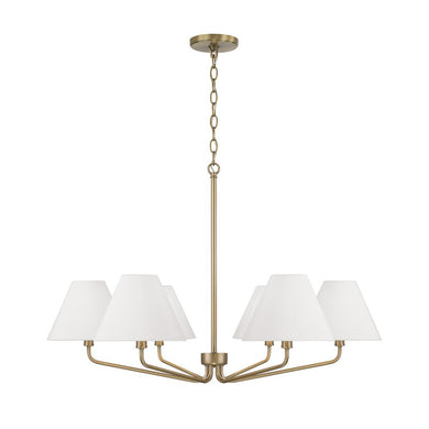 6-Light Angular Chandelier in Aged Brass with Tapered White Fabric Shades