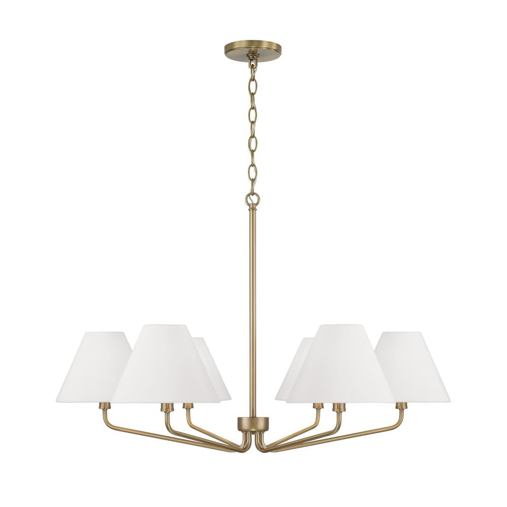 6-Light Angular Chandelier in Aged Brass with Tapered White Fabric Shades