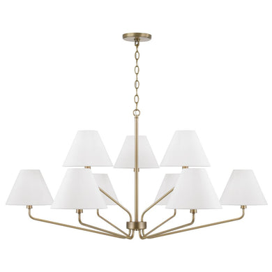 9-Light Angular Two-Tier Chandelier in Aged Brass with Tapered White Fabric Shades
