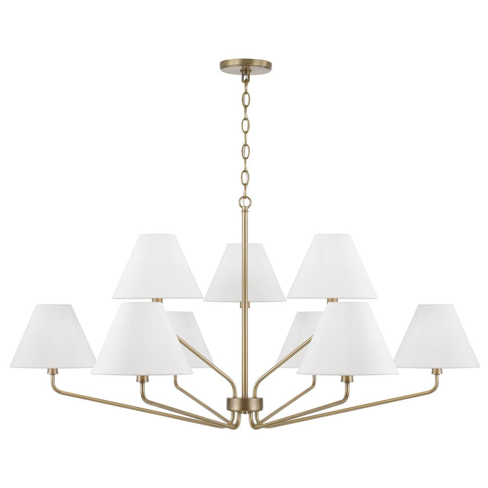 9-Light Angular Two-Tier Chandelier in Aged Brass with Tapered White Fabric Shades