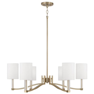 6-Light Chandelier in Matte Brass with Clear Acrylic Accents and Cylindrical White Fabric Shades