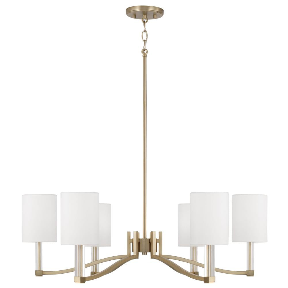 6-Light Chandelier in Matte Brass with Clear Acrylic Accents and Cylindrical White Fabric Shades