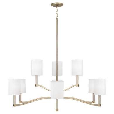 9-Lt Two-Tier Chandelier in Matte Brass w/ Clear Acrylic Accents and Cylindrical White Fabric Shades