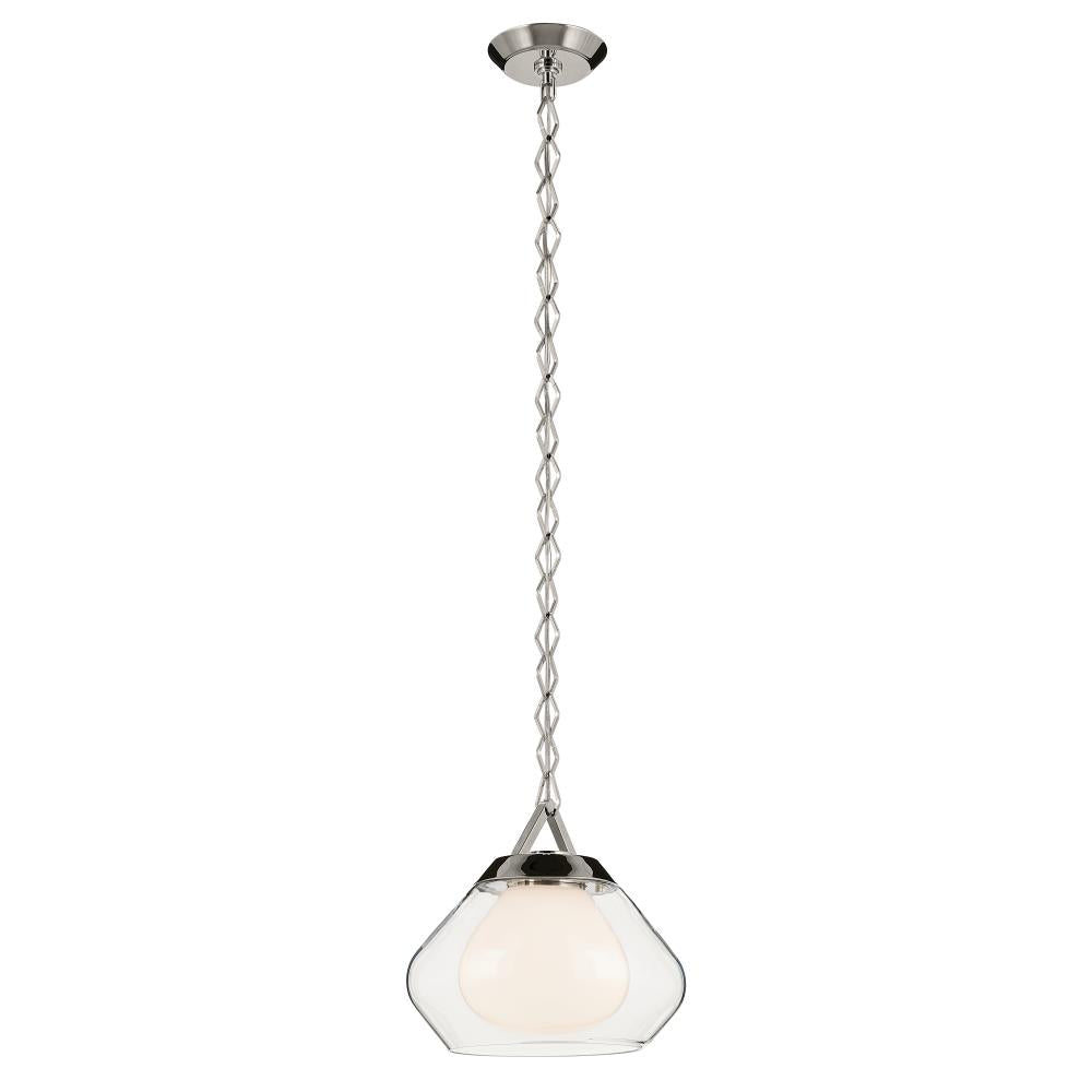 Nella 12 Inch 1 Light Pendant with Clear Outer Glass with Opal Interior Glass in Polished Nickel
