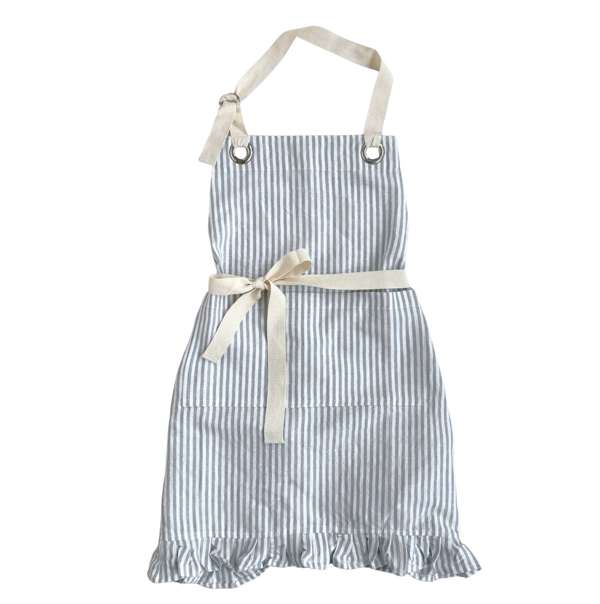 Gray Ruffle Pinstripe Apron for Women
