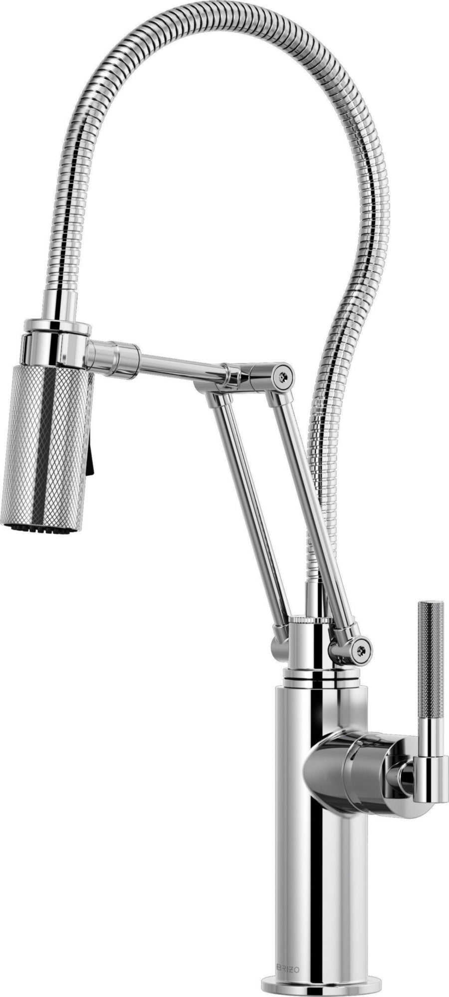 ARTICULATING FAUCET WITH KNURLED HANDLE AND FINISHED HOSE