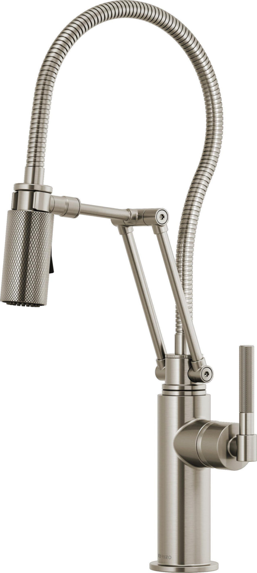 ARTICULATING FAUCET WITH KNURLED HANDLE AND FINISHED HOSE