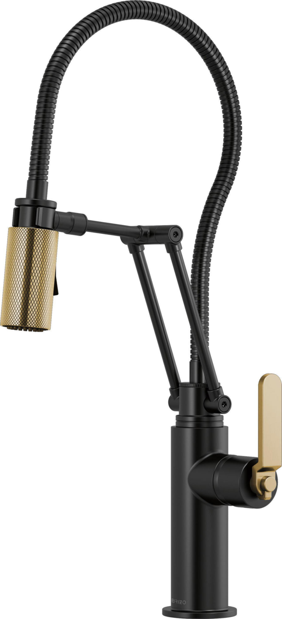 ARTICULATING FAUCET WITH INDUSTRIAL HANDLE AND FINISHED HOSE