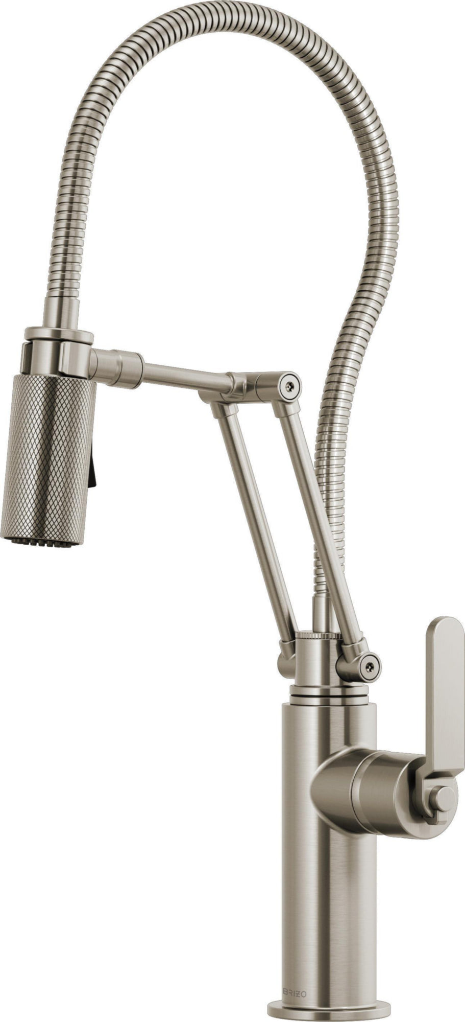 ARTICULATING FAUCET WITH INDUSTRIAL HANDLE AND FINISHED HOSE