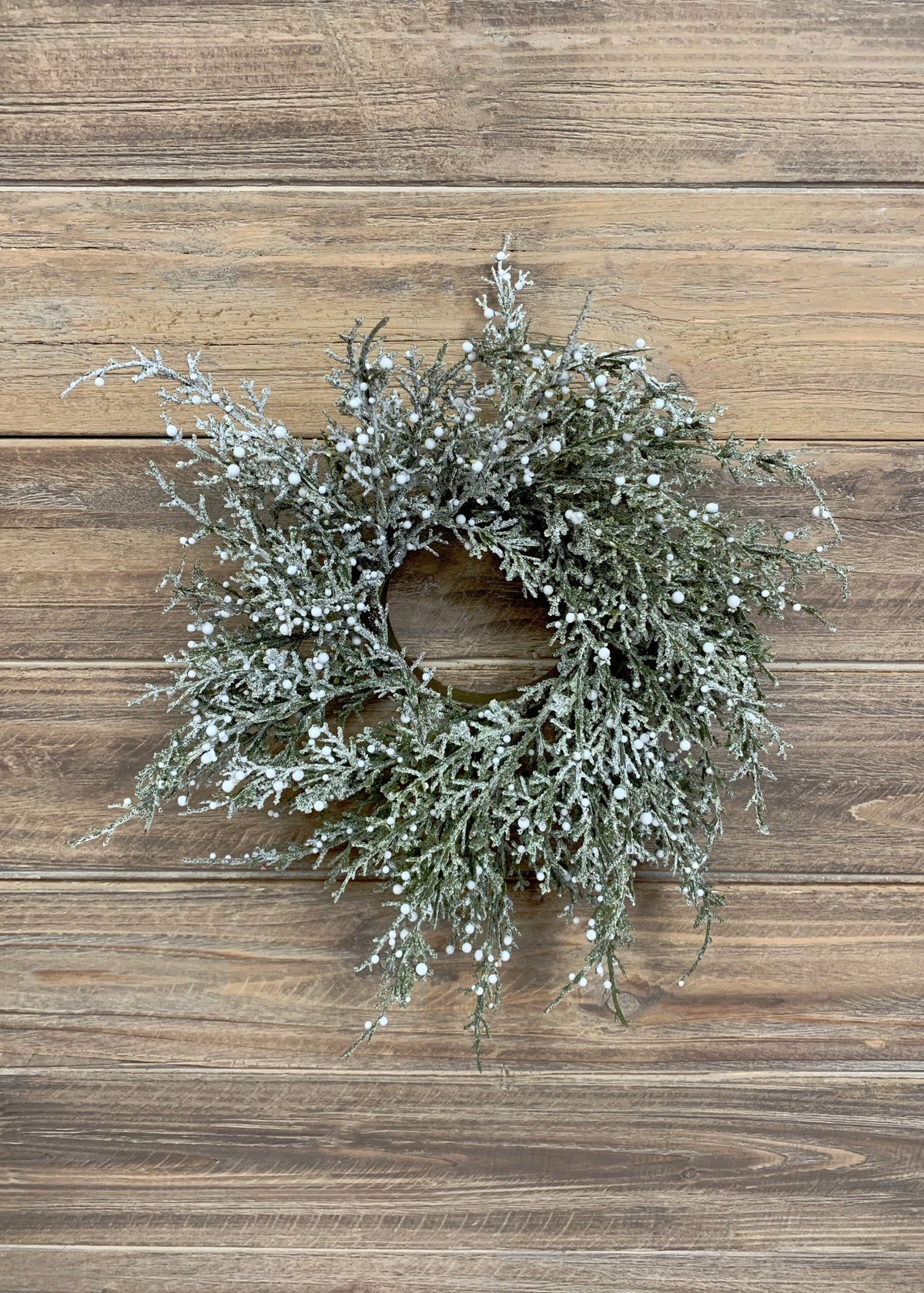3"  Inside Dim. 11" Outside Dim. Glittered Cedar & White Berries Candle Ring