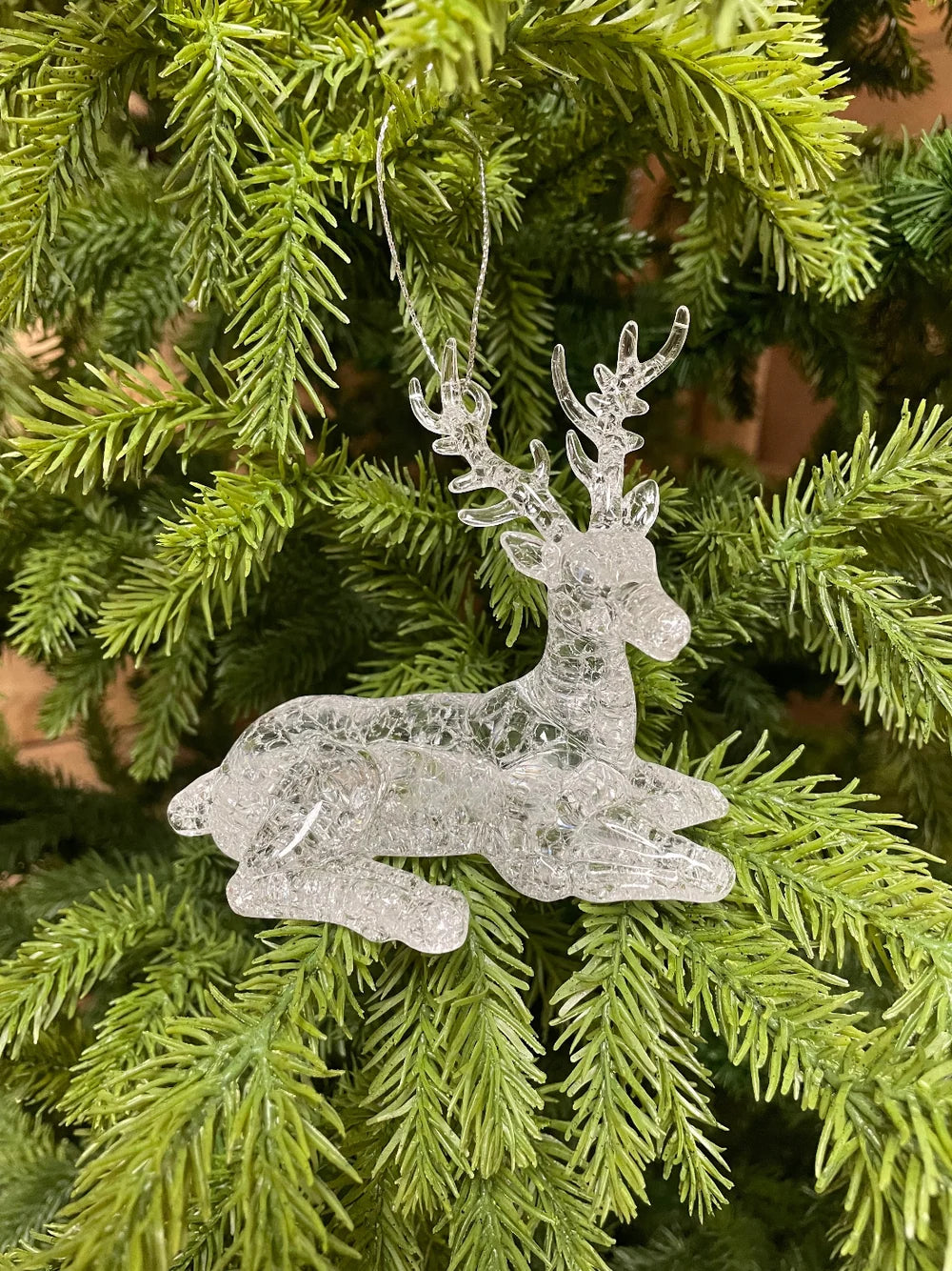 4" X 2" X 2.5" ACRYLIC HANGING LYING DOWN REINDEER ORNAMENT