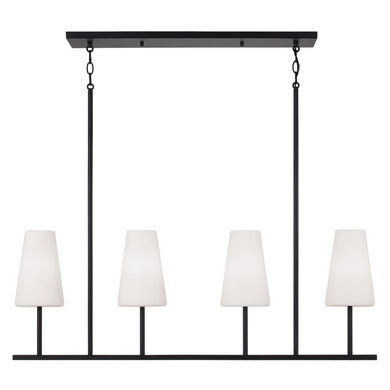 4-Light Modern Linear Chandelier in Matte Black with Tapered Soft White Glass