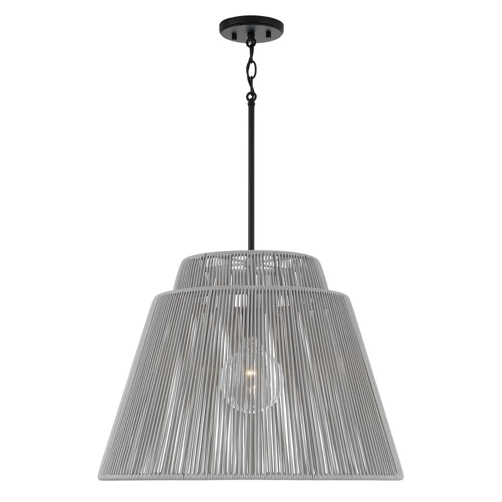 1-Light Indoor Outdoor Pendant in Matte Black and Hand-wrapped Grey Resin Rope
