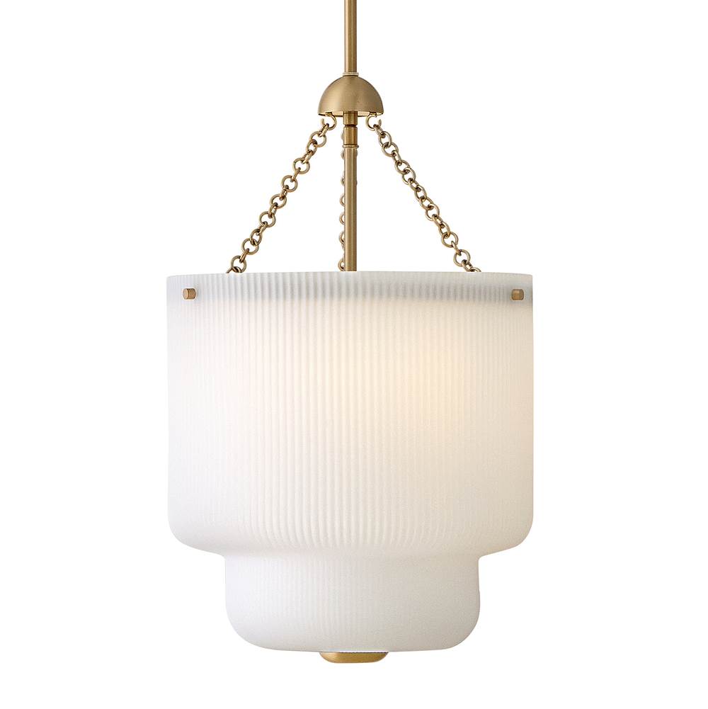 White pendant light with gold chain and fixture on a white background