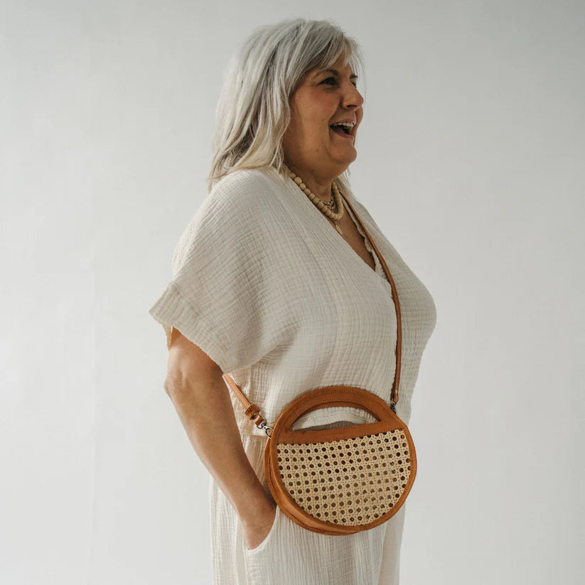 Leather Bag with Cane Accent - Round