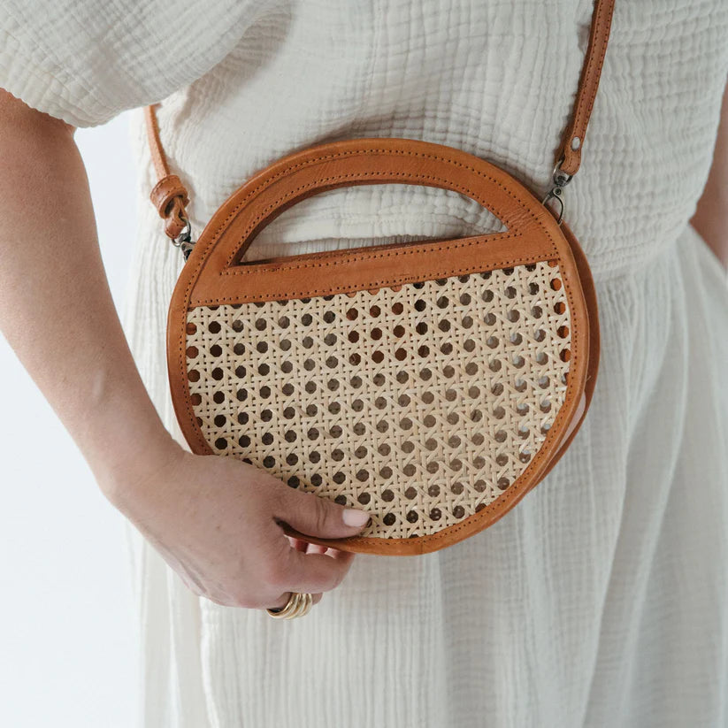 Leather Bag with Cane Accent - Round