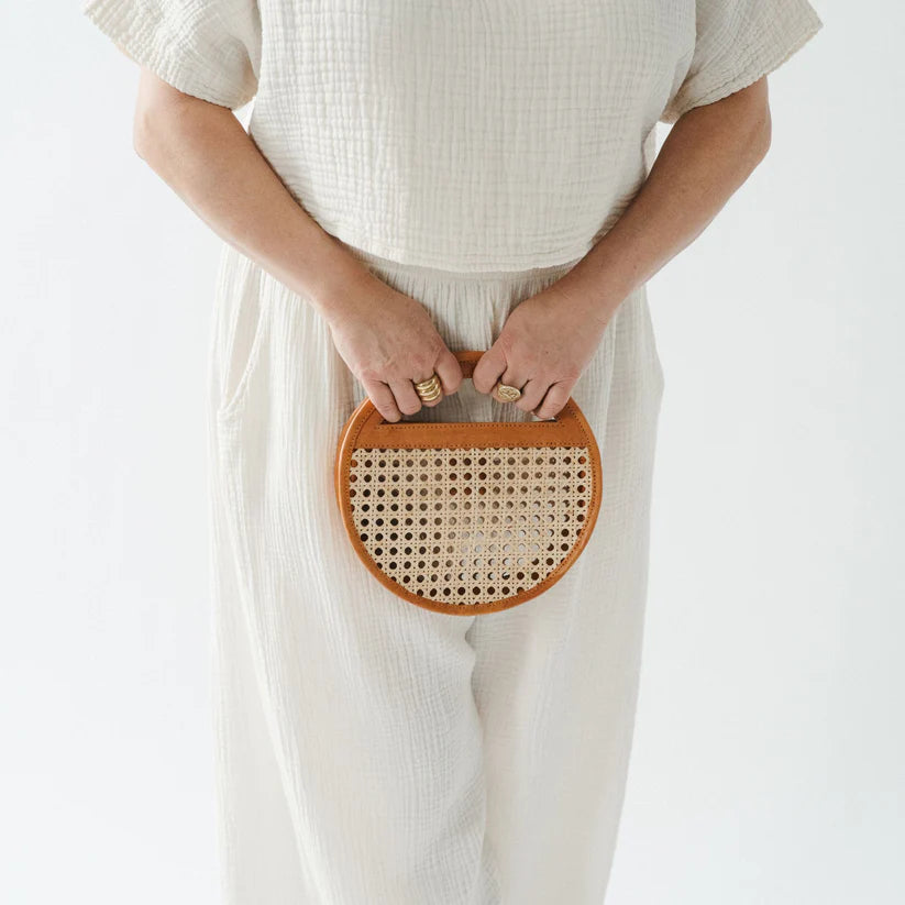 Leather Bag with Cane Accent - Round