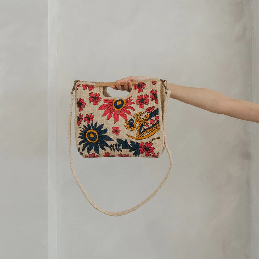 Jute Bag - Handled Crossbody with Removable Strap & Tassel - Floral Punch