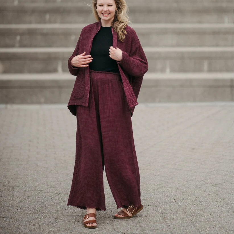 4-Layer Crinkle Palazzo Pants (Cranberry)