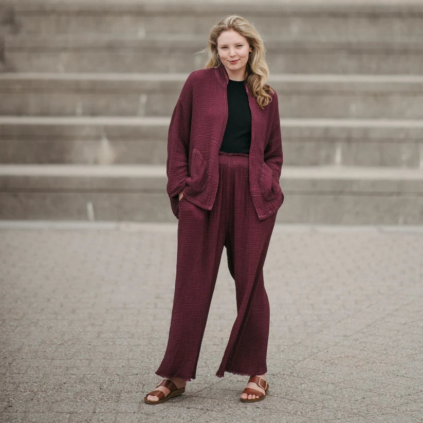4-Layer Crinkle Palazzo Pants (Cranberry)