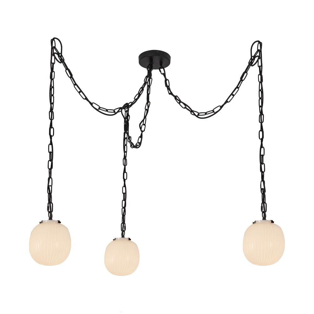 Cherise 3-Light Matte Black/Glossy Ribbed Opal Glass Socket Multi Pendant
