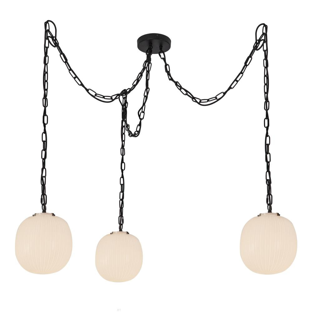 Cherise 3-Light Matte Black/Glossy Ribbed Opal Glass Socket Multi Pendant