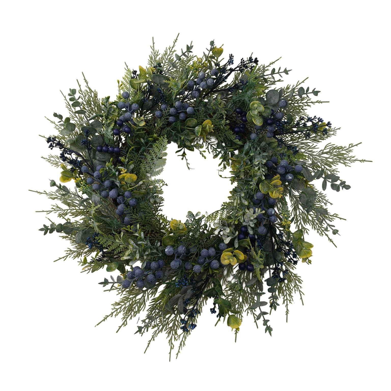 22″ Green Cedar/Eucalyptus Wreath with Blue Berries