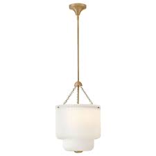 Pendant light fixture with white shade and gold accents on a white background