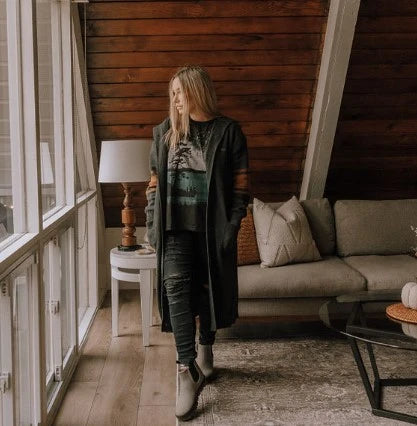 Long Hooded Dockside Knit Cardi - Charcoal & Camel 100% Cotton